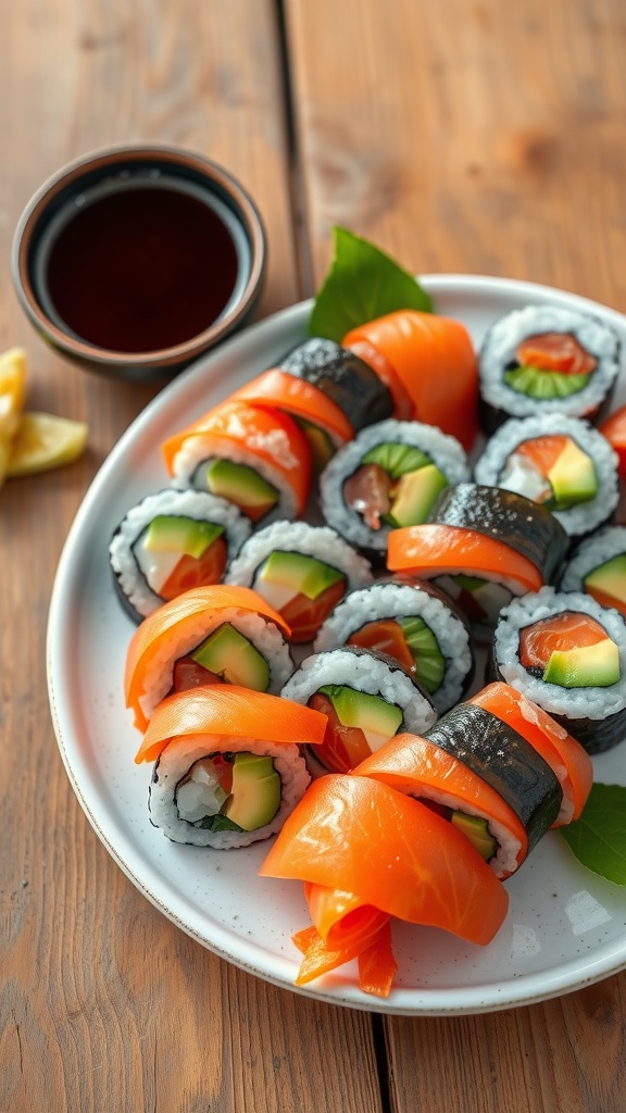 Classic Sushi Rolls Recipe A plate of colorful sushi rolls with fish, avocado, and cucumber, served with soy sauce and garnished with pickled ginger.